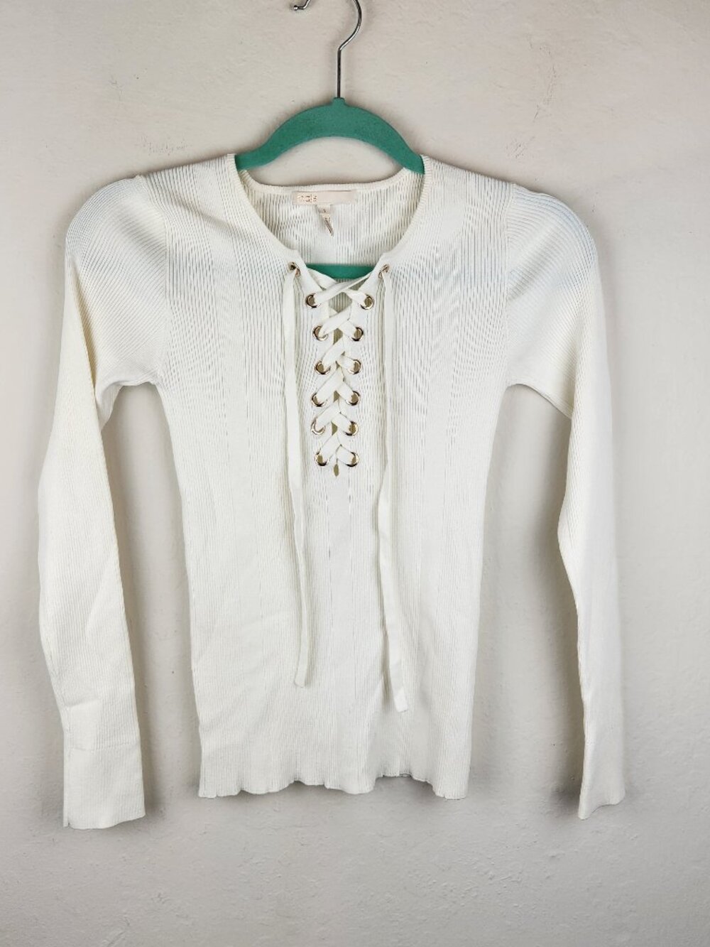 Maje Matana Lace Up Ribbed Stretch Knit Sweater Top in Ecru sz 1/S *flawed*